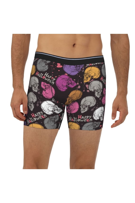 Mens Extended Length Boxer Briefs - Halloween Skeleton Underwear Boxer Briefs with Elastic Band