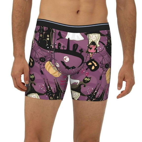 Mens Extended Length Boxer Briefs - Halloween Witch Cartoon Underwear Boxer Briefs with Elastic Band