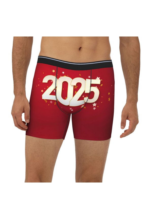Mens Extended Length Boxer Briefs - Happy New 2025 Year Underwear Boxer Briefs with Elastic Band
