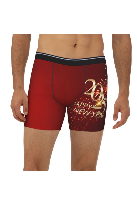 Mens Extended Length Boxer Briefs - Happy New Year 2025 Underwear Boxer Briefs with Elastic Band