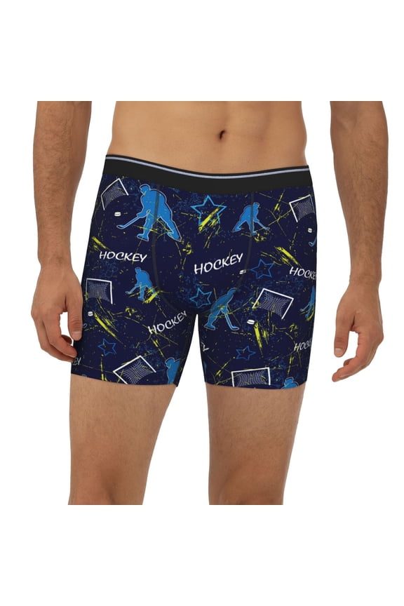 Mens Extended Length Boxer Briefs - Hockey Players Blue Cool Underwear Boxer Briefs with Elastic Band