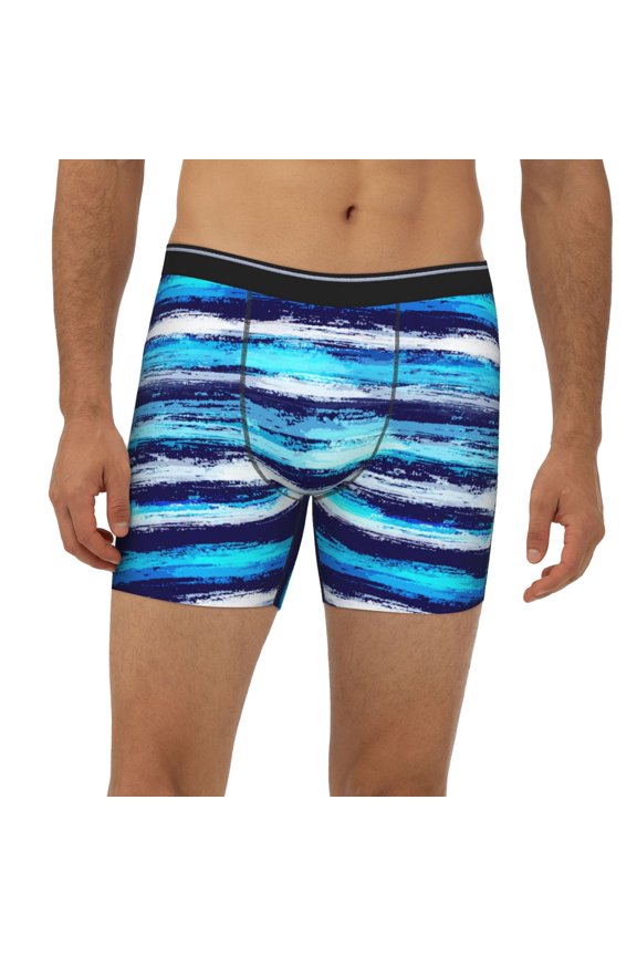 Mens Extended Length Boxer Briefs - Ice Blue Stripes Underwear Boxer Briefs with Elastic Band