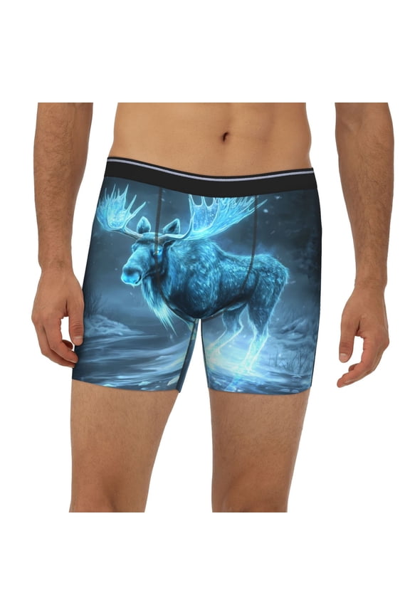 Mens Extended Length Boxer Briefs - Icy Glowing Winter Moose Underwear Boxer Briefs with Elastic Band