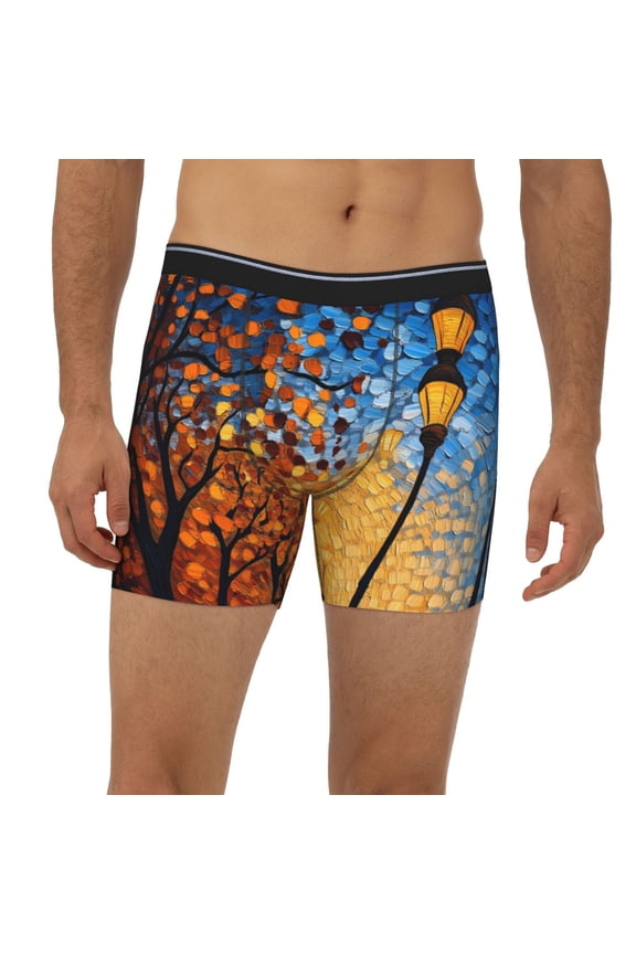 Mens Extended Length Boxer Briefs - Impressionist Night Walkway Underwear Boxer Briefs with Elastic Band