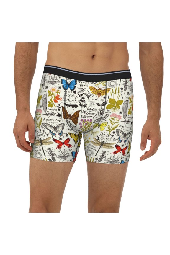 Mens Extended Length Boxer Briefs - Insects And Medicinal Herbs Underwear Boxer Briefs with Elastic Band