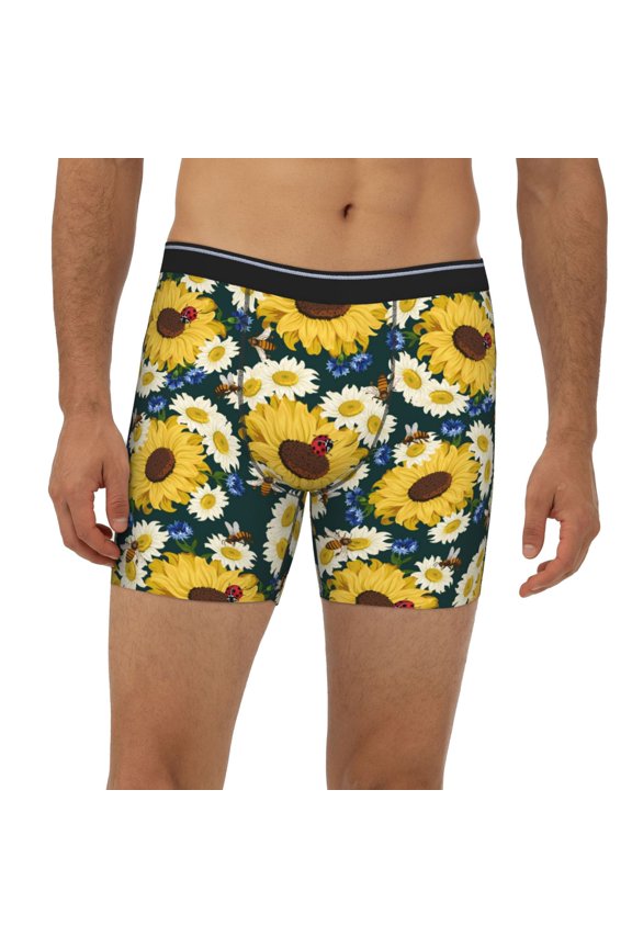 Mens Extended Length Boxer Briefs - Insects Of Flowers Underwear Boxer Briefs with Elastic Band