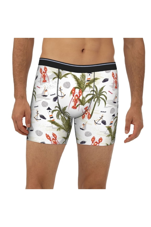 Mens Extended Length Boxer Briefs - Lighthouse Lobster Anchor Tropical Underwear Boxer Briefs with Elastic Band