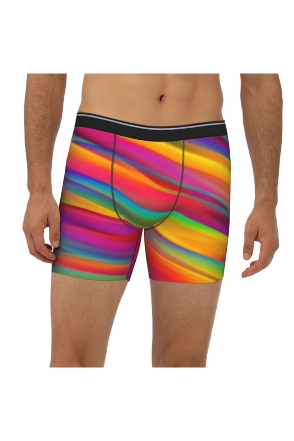 Mens Extended Length Boxer Briefs - Lines Multicolored Rainbow Underwear Boxer Briefs with Elastic Band