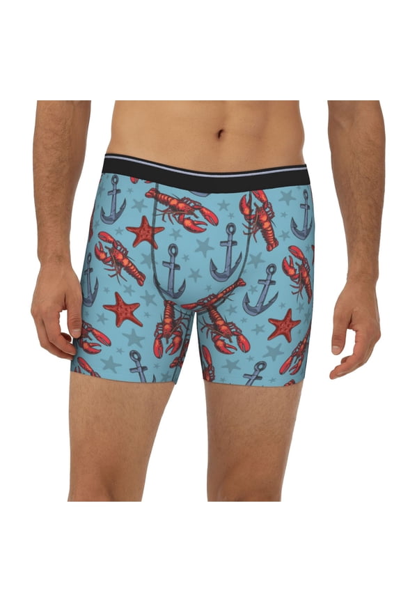 Mens Extended Length Boxer Briefs - Lobsters Anchor Starfish Blue Underwear Boxer Briefs with Elastic Band