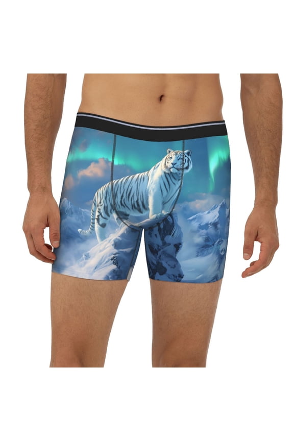 Mens Extended Length Boxer Briefs - Majestic White Tiger Snow Peak Underwear Boxer Briefs with Elastic Band