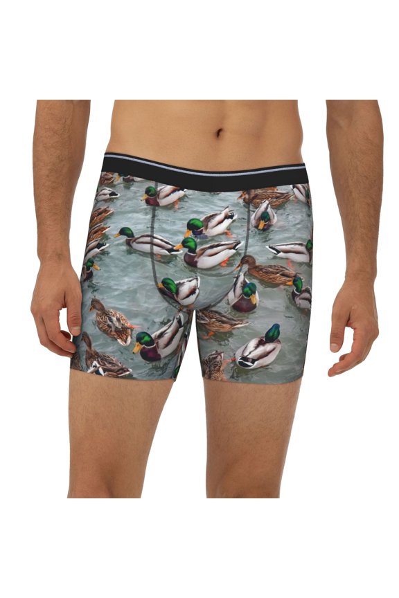 Mens Extended Length Boxer Briefs - Mallard Ducks Swimming Underwear Boxer Briefs with Elastic Band