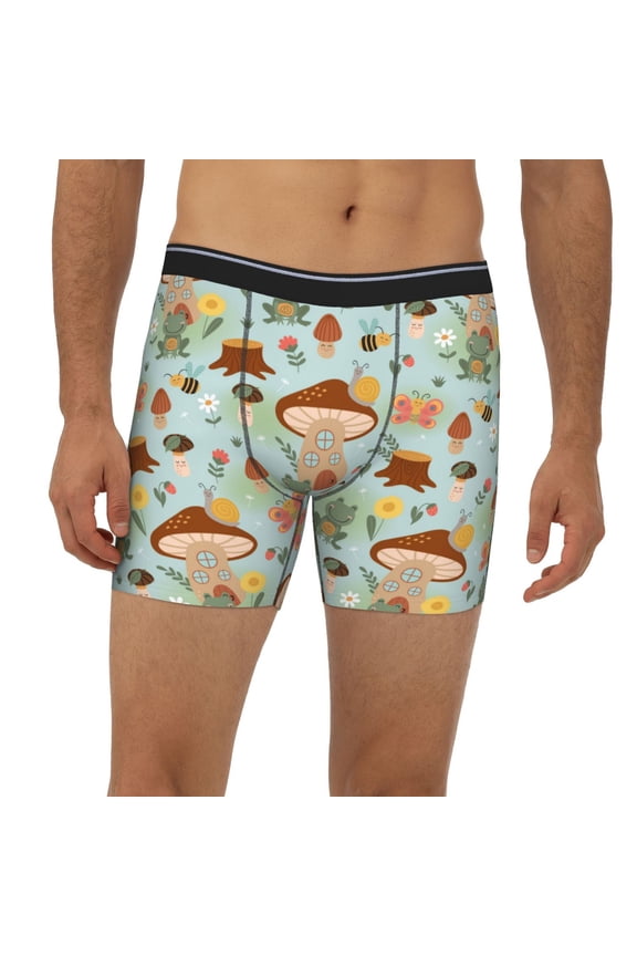 Mens Extended Length Boxer Briefs - Mushroom House Insect Frog Underwear Boxer Briefs with Elastic Band