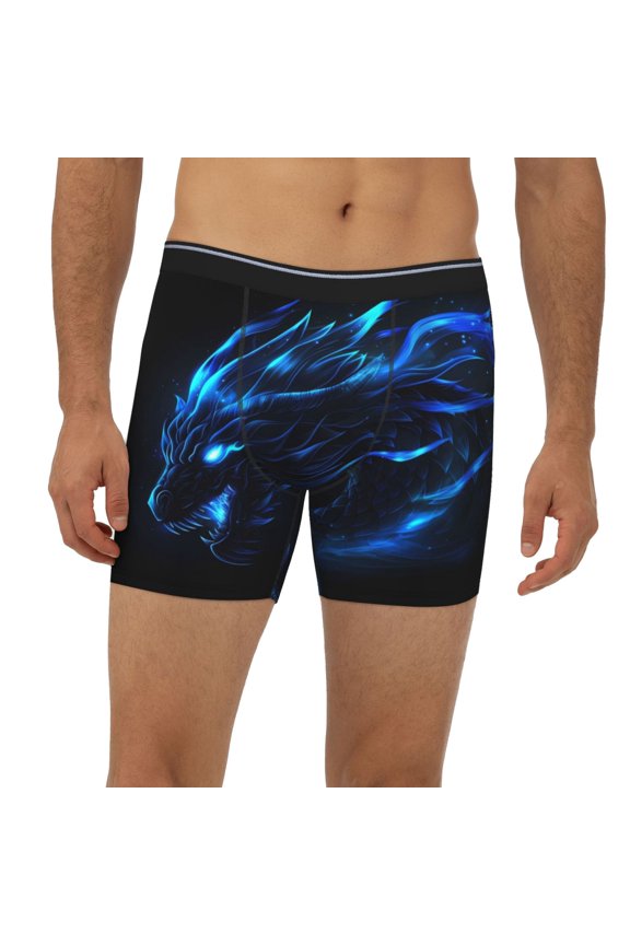 Mens Extended Length Boxer Briefs - Mystic Blue Dragon Flames Underwear Boxer Briefs with Elastic Band