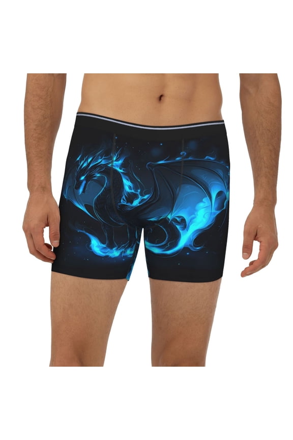 Mens Extended Length Boxer Briefs - Mystical Blue Dragon Glow Underwear Boxer Briefs with Elastic Band