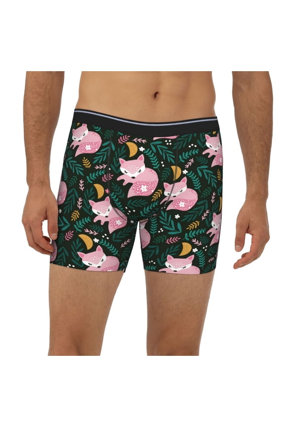 Mens Extended Length Boxer Briefs - Pink Sleeping Fox Underwear Boxer Briefs with Elastic Band