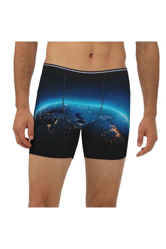 Mens Extended Length Boxer Briefs - Planet Earth Underwear Boxer Briefs with Elastic Band