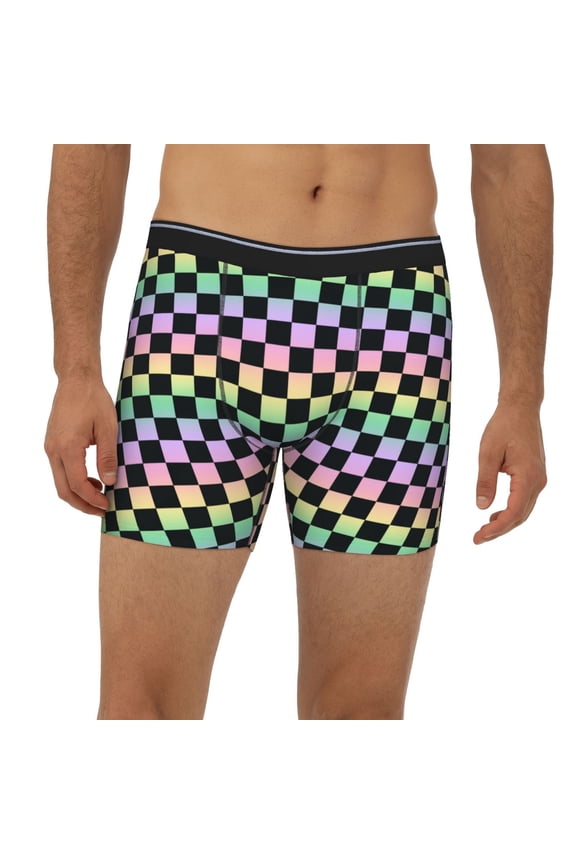 Mens Extended Length Boxer Briefs - Rainbow Gradient Colorful Checkered Underwear Boxer Briefs with Elastic Band