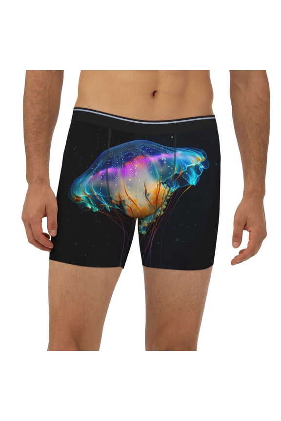 Mens Extended Length Boxer Briefs - Rainbow Luminescent Jellyfish Underwear Boxer Briefs with Elastic Band