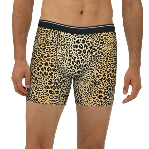 Mens Extended Length Boxer Briefs - Realistic Leopard Print Beige Underwear Boxer Briefs with Elastic Band