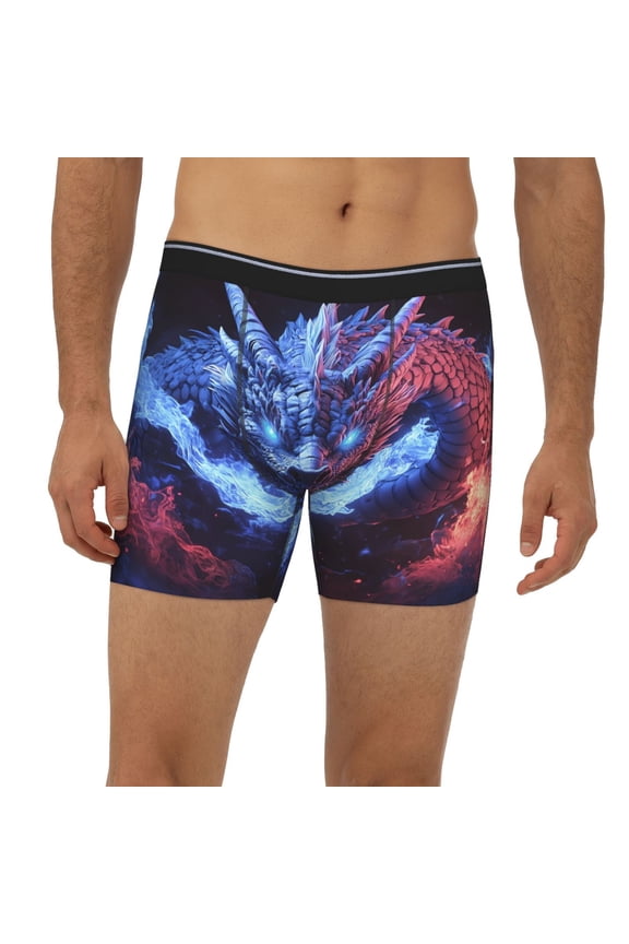 Mens Extended Length Boxer Briefs - Red And Blue Fire Dragon B Underwear Boxer Briefs with Elastic Band
