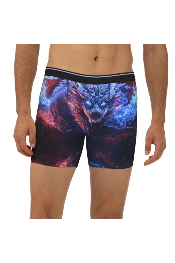 Mens Extended Length Boxer Briefs - Red And Blue Fire Dragon Underwear Boxer Briefs with Elastic Band