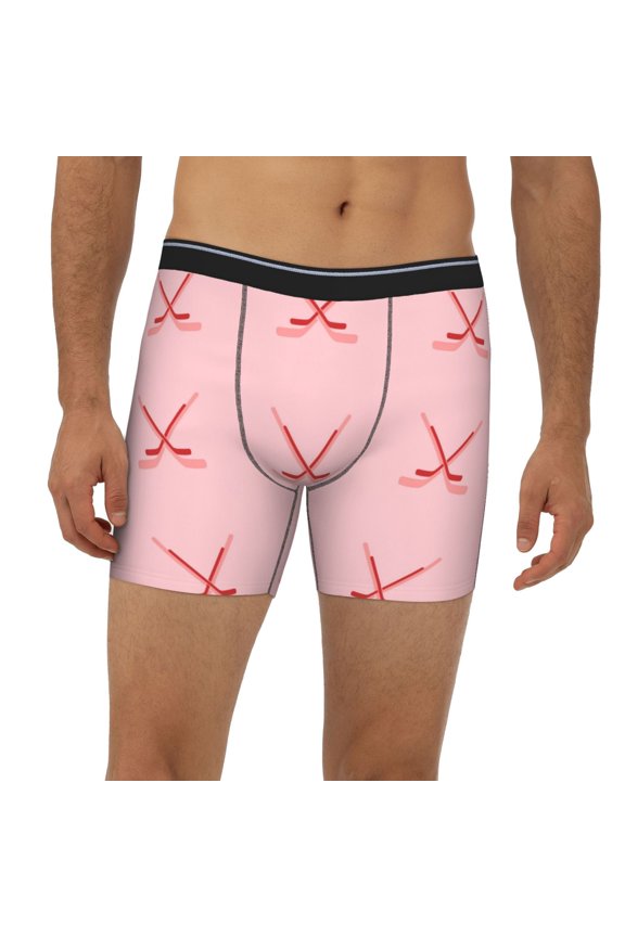 Mens Extended Length Boxer Briefs - Red Hockey Sticks Pink Underwear Boxer Briefs with Elastic Band