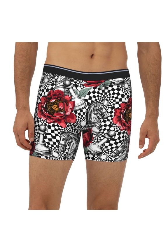 Mens Extended Length Boxer Briefs - Red Peony Knight Chess Checkered Underwear Boxer Briefs with Elastic Band