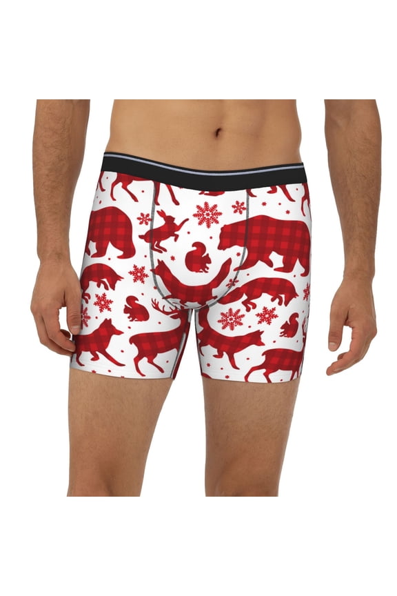 Mens Extended Length Boxer Briefs - Red Plaid Moose Bunny Bear Underwear Boxer Briefs with Elastic Band