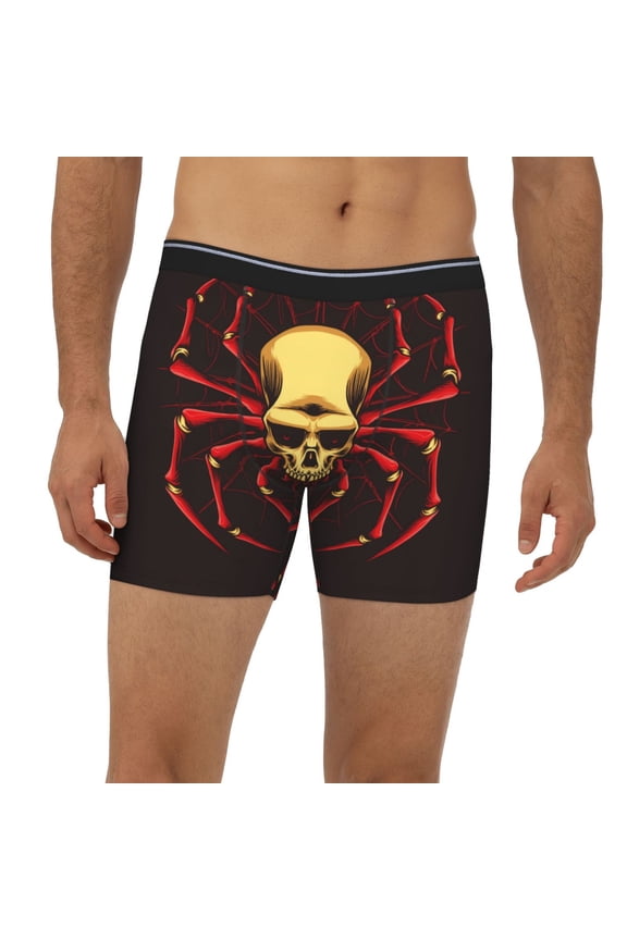 Mens Extended Length Boxer Briefs - Red Skull Spider Underwear Boxer Briefs with Elastic Band