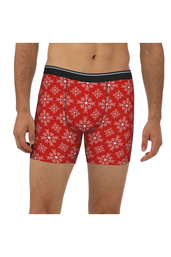 Mens Extended Length Boxer Briefs - Red White Snowflakes Underwear Boxer Briefs with Elastic Band