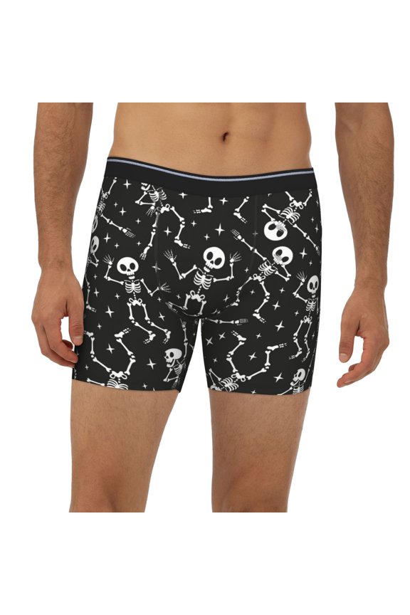 Mens Extended Length Boxer Briefs - Retro Skeleton Dancing On Halloween Party Underwear Boxer Briefs with Elastic Band
