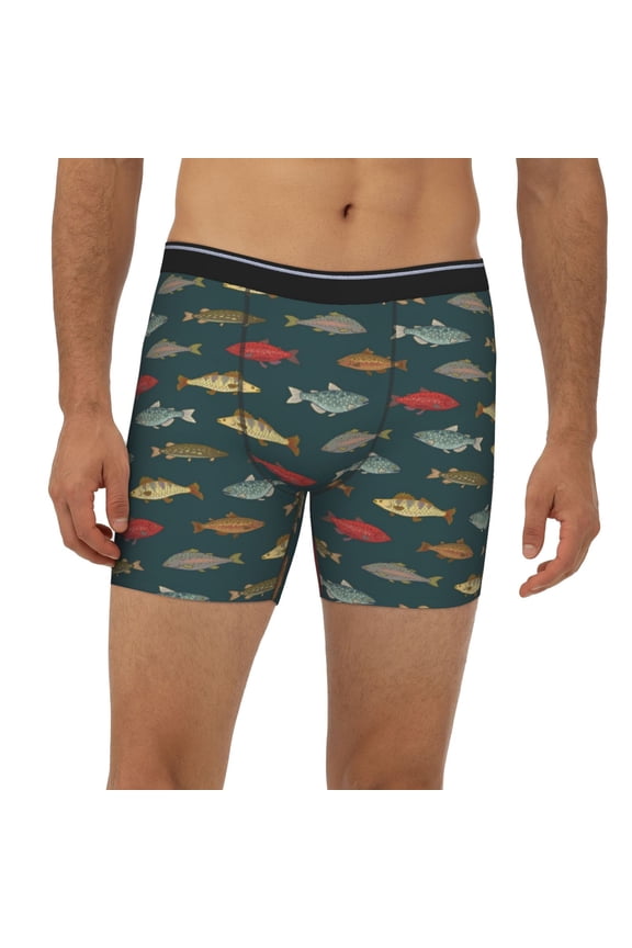 Mens Extended Length Boxer Briefs - River Freshwater Fish Underwear Boxer Briefs with Elastic Band