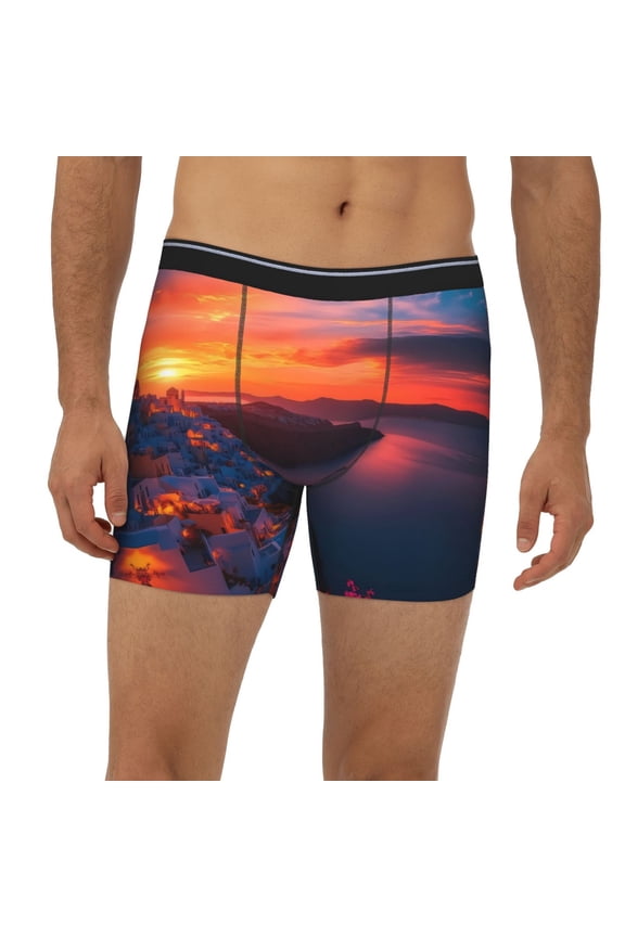 Mens Extended Length Boxer Briefs - Santorini Sunset Bliss Underwear Boxer Briefs with Elastic Band