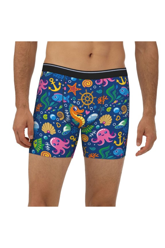 Mens Extended Length Boxer Briefs - Sea Fish Underwear Boxer Briefs with Elastic Band