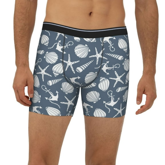 Mens Extended Length Boxer Briefs - Seashells Anchors Starfishes Vintage Underwear Boxer Briefs with Elastic Band