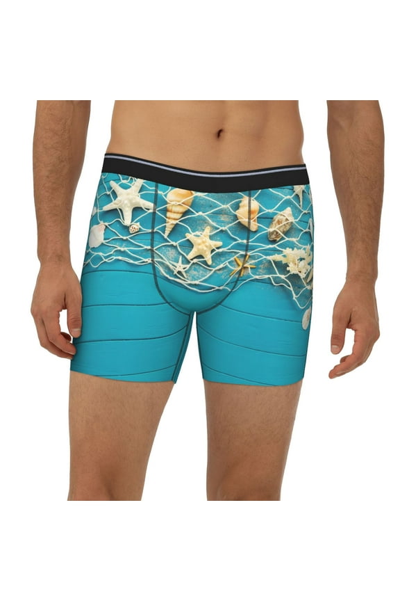 Mens Extended Length Boxer Briefs - Seashells And Fishing Net On Blue Wooden Table Underwear Boxer Briefs with Elastic Band