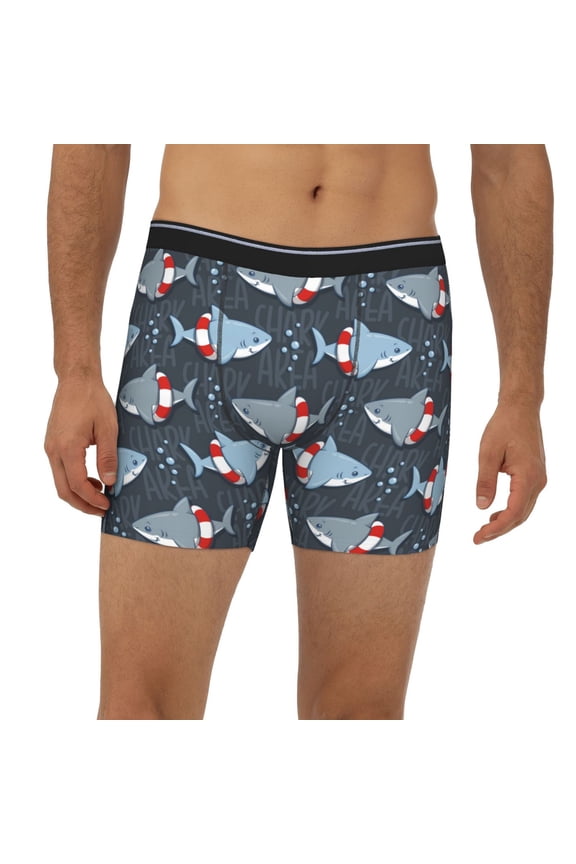 Mens Extended Length Boxer Briefs - Shark Wearing Swim Ring Underwear Boxer Briefs with Elastic Band