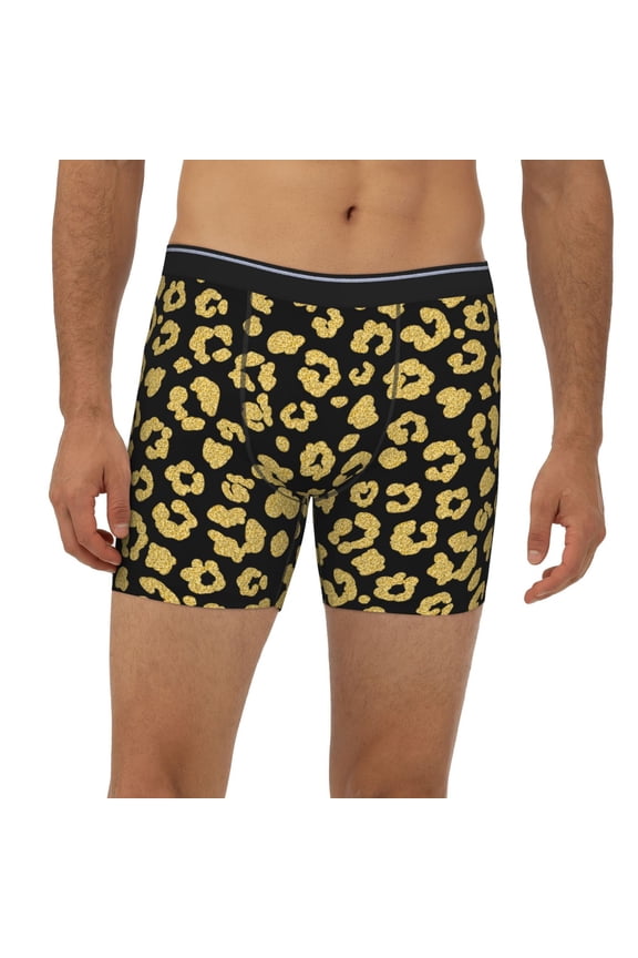 Mens Extended Length Boxer Briefs - Shiny Golden Leopard Black Underwear Boxer Briefs with Elastic Band