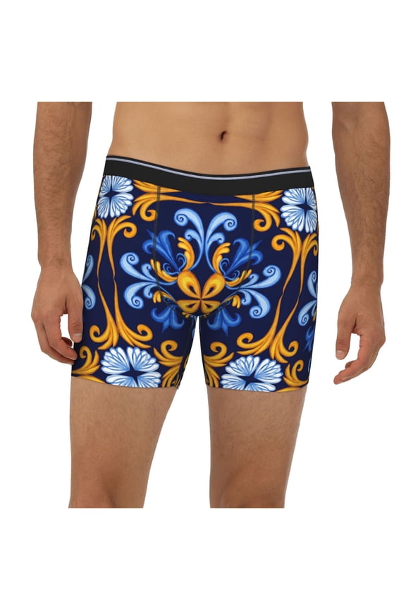Mens Extended Length Boxer Briefs - Sicilian Blue Pattern Moroccan Style Underwear Boxer Briefs with Elastic Band