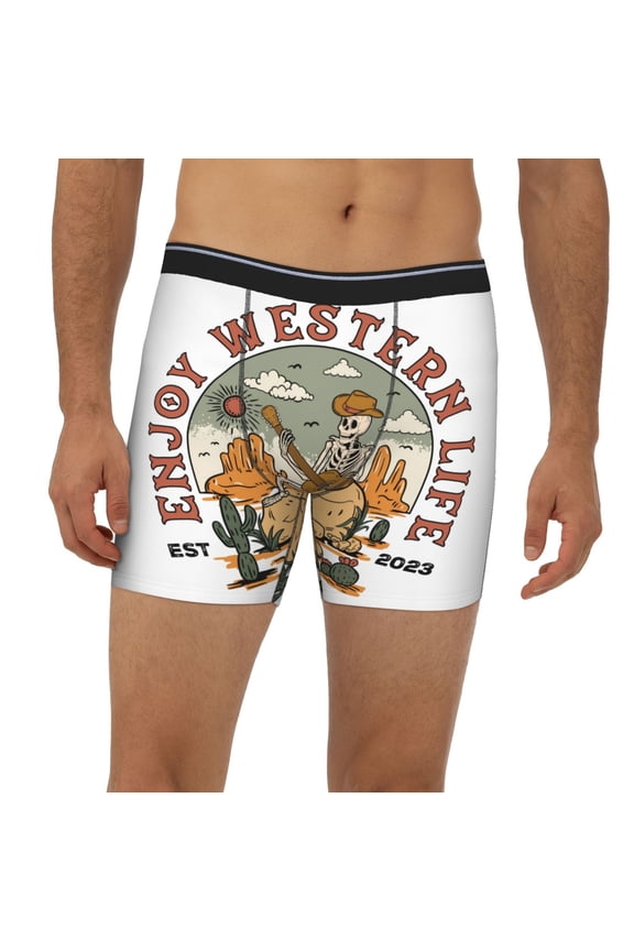 Mens Extended Length Boxer Briefs - Skeleton Cowboy And Guitar Underwear Boxer Briefs with Elastic Band