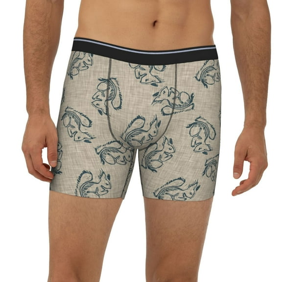 Mens Extended Length Boxer Briefs - Sketch Squirrels Linen Mens Underwear Boxer Briefs with Elastic Band