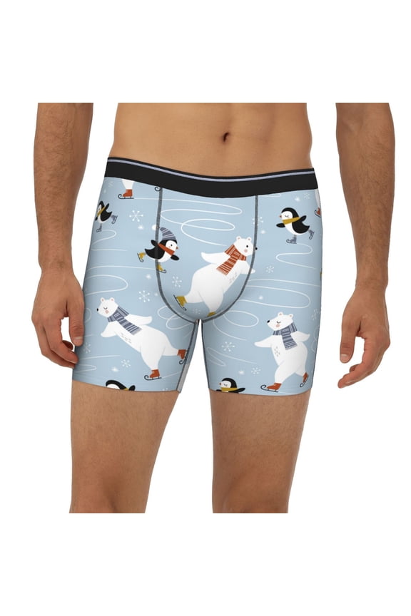 Mens Extended Length Boxer Briefs - Skiing Penguin Bear Underwear Boxer Briefs with Elastic Band