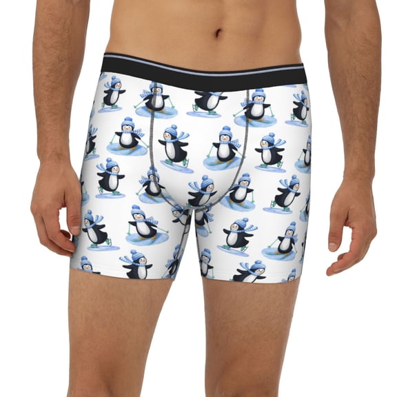 Mens Extended Length Boxer Briefs - Skiing Penguin Funny Underwear Boxer Briefs with Elastic Band