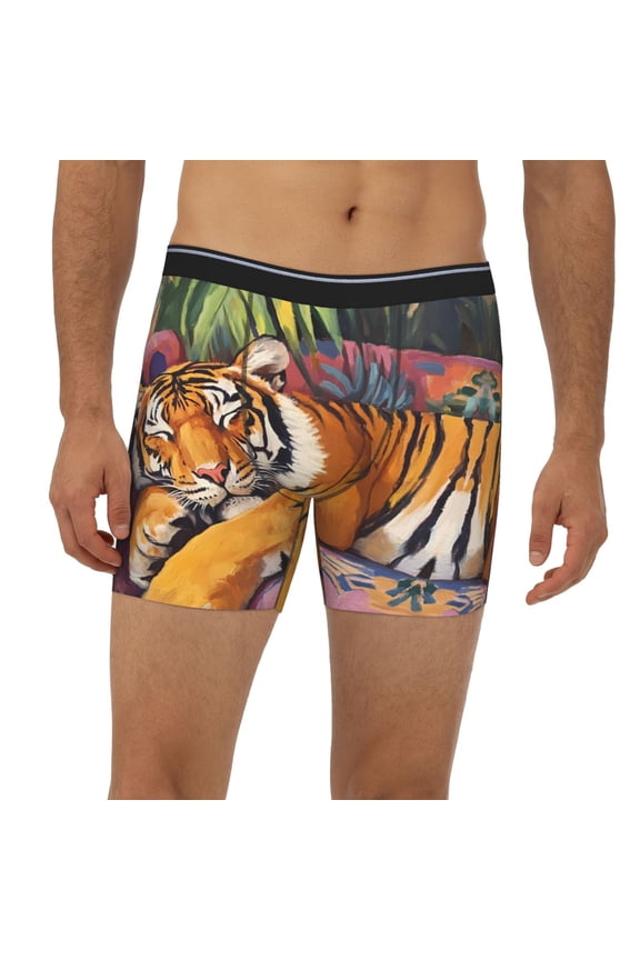 Mens Extended Length Boxer Briefs - Sleeping Tiger On Couch Underwear Boxer Briefs with Elastic Band