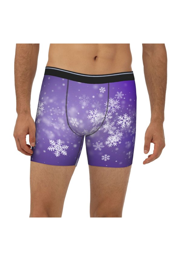 Mens Extended Length Boxer Briefs - Snowfall Sky White Purple Underwear Boxer Briefs with Elastic Band