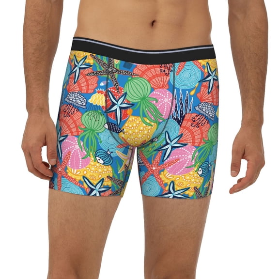 Mens Extended Length Boxer Briefs - Starfish And Algae Underwear Boxer Briefs with Elastic Band