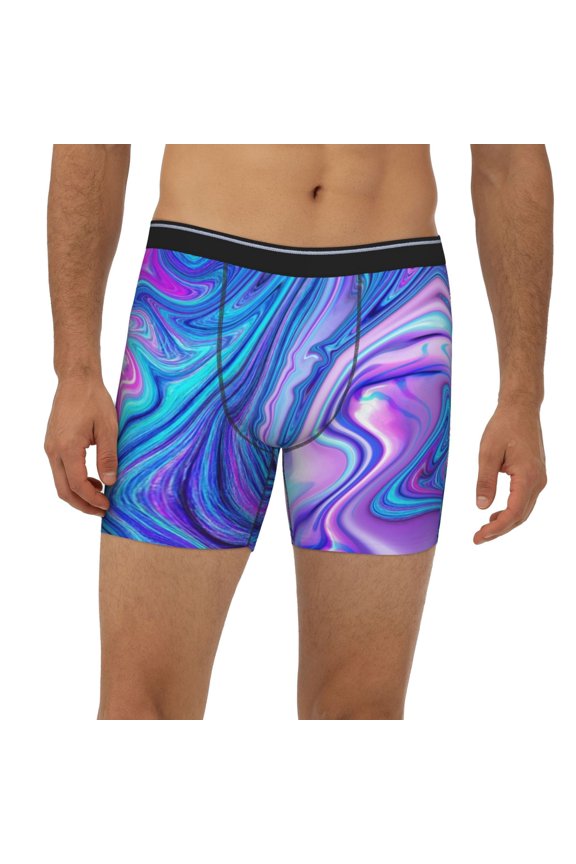 Mens Extended Length Boxer Briefs - Swirl Blue And Purple Underwear Boxer Briefs with Elastic Band