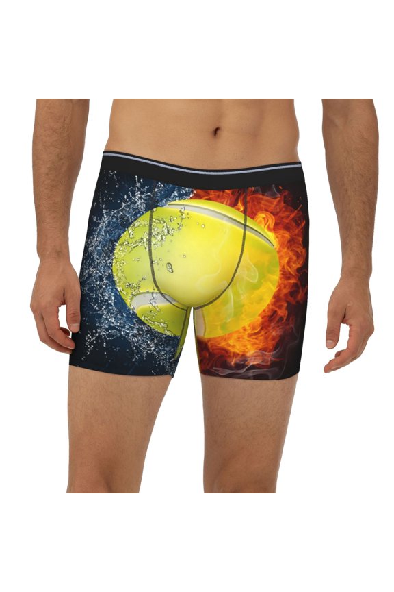 Mens Extended Length Boxer Briefs - Tennis Ball In Fire And Water Underwear Boxer Briefs with Elastic Band