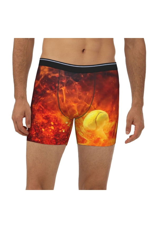 Mens Extended Length Boxer Briefs - Tennis Ball In Fire Underwear Boxer Briefs with Elastic Band