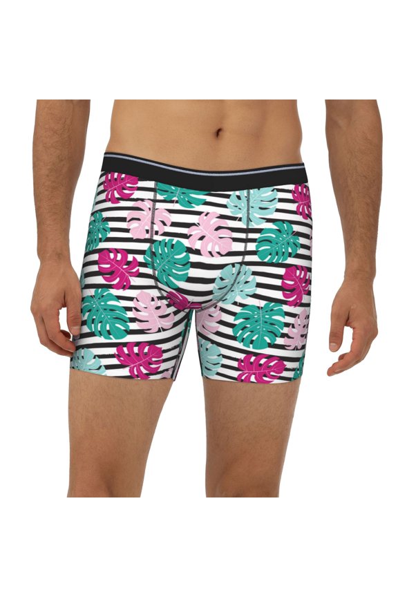 Mens Extended Length Boxer Briefs - Tropical Leaves Underwear Boxer Briefs with Elastic Band